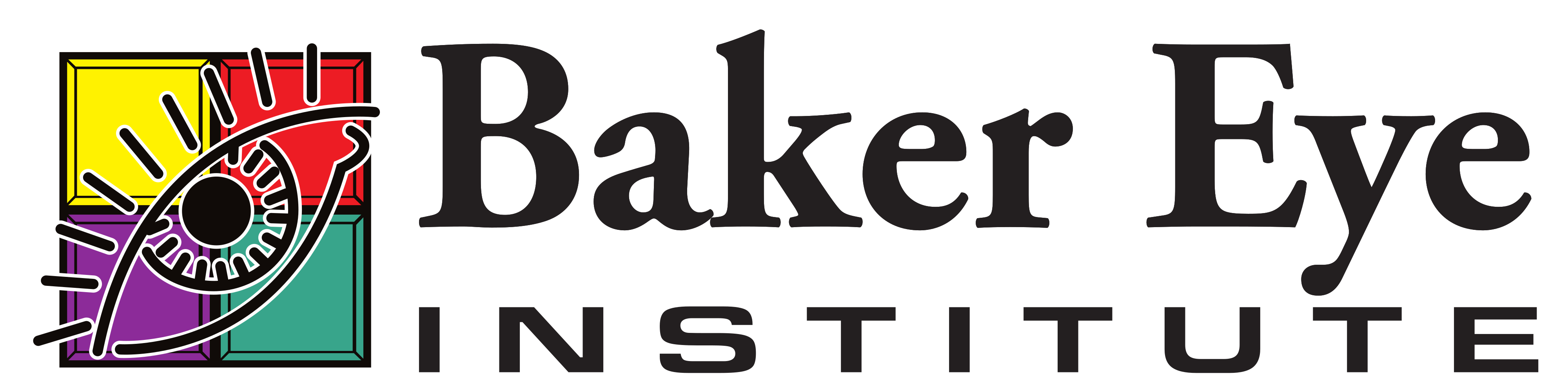 colorful baker eye logo: a 4 quadrant grid featuring bright yellow, bright red, teal, and purple, with a stylized black and white eye on top plus the nearby words "Baker Eye Institute"