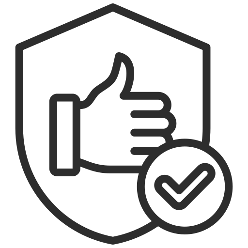 a black line work icon of a thumbs up inside a shield with a nearby checkmark in a circle, symbolizing reliability.